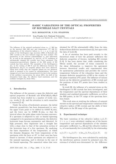 Baric Variations BARIC VARIATIONS OF THE OPTICAL PROPERTIES OF ROCHELLE SALT CRYSTALS 979