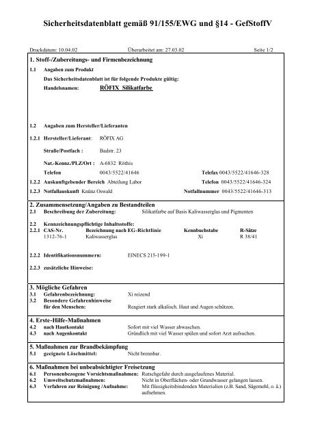 Sicherheitsdatenblatt gemäß 91/155/EWG und §14 - Gefstoffv