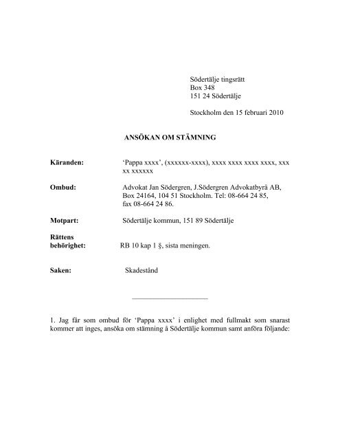 Stämningsansökan ensam vårdnad