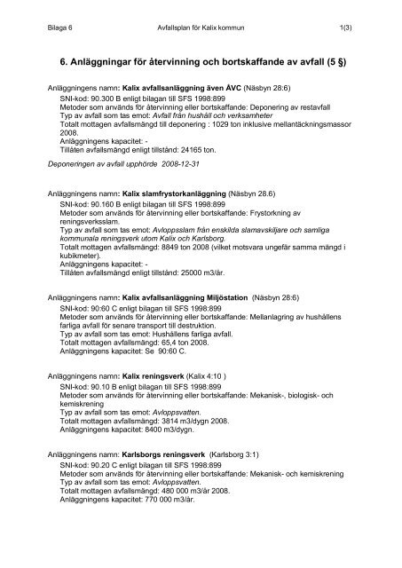 6. Anläggningar för återvinning och bortskaffande av avfall (5 §) - Kalix