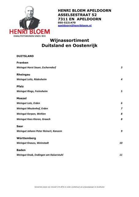 Wijnassortiment Duitsland en Oostenrijk - Wijnkoperij Henri Bloem