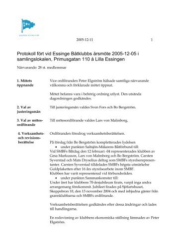 Protokoll fört vid Essinge Båtklubbs årsmöte 2005-12-05 i ...