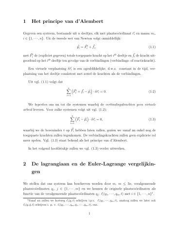 bondige nota's ivm de afleiding van de Euler Lagrange vergelijkingen