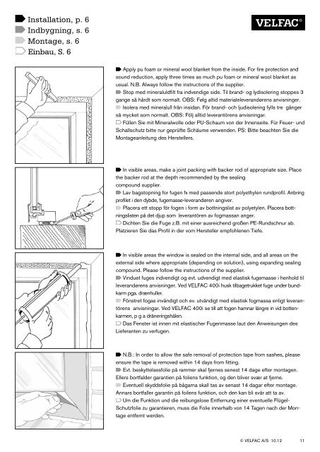 Installation guide 10.2012 Montagevejledning ... - velfac.ie