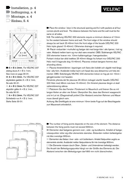 Installation guide 10.2012 Montagevejledning ... - velfac.ie