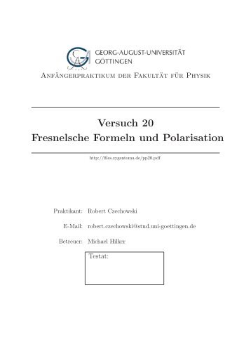 Versuch 20 Fresnelsche Formeln und Polarisation - Zygentoma