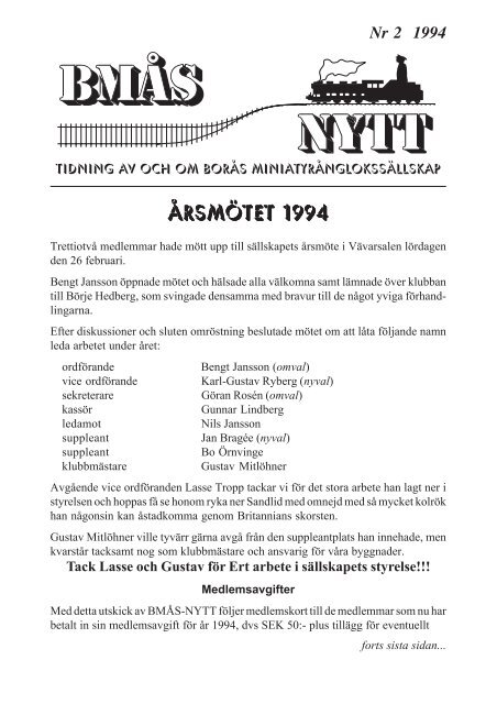 BMÅS-NYTT Nr 2 År 1994 - Borås Miniatyrånglokssällskap