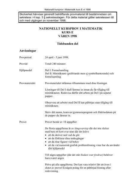 Nationellt prov Matematik E, VT-1998 ... - Matteakuten