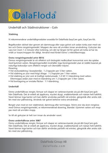 DalaFloda Group AB Underhåll och Städinstruktioner - Golv