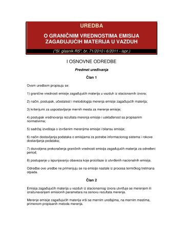 Uredba o graničnim vrednostima emisije u vazduh (71/10 ... - Subotica
