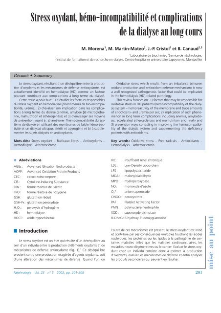 Stress oxydant, hémo-incompatibilité et complications de la dialyse ...