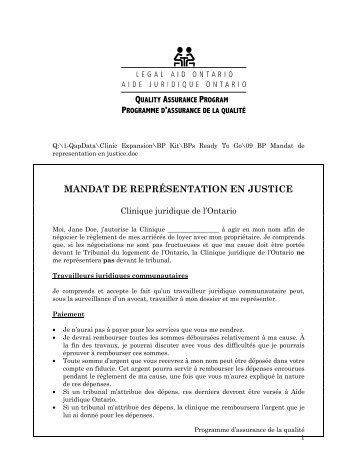 Mandat de représentation en justice - Legal Aid Ontario