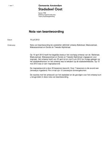 Nota van beantwoording - Stadsdeel Oost