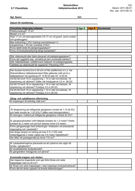 Checklista o besiktningsutlåtande - Skånetrafiken