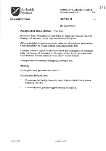 Plantillstånd för Blomqvists Bageri — Foss 7:16 - Munkedals kommun