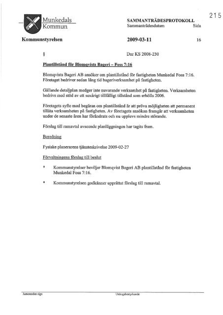 Plantillstånd för Blomqvists Bageri — Foss 7:16 - Munkedals kommun