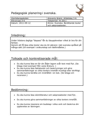 Pedagogisk planering i svenska. Inledning: Tolkade och ...