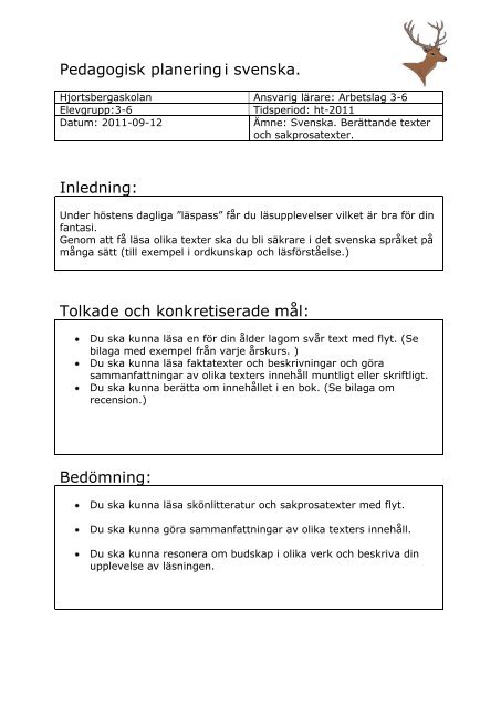 Pedagogisk Planering I Svenska Inledning Tolkade Och