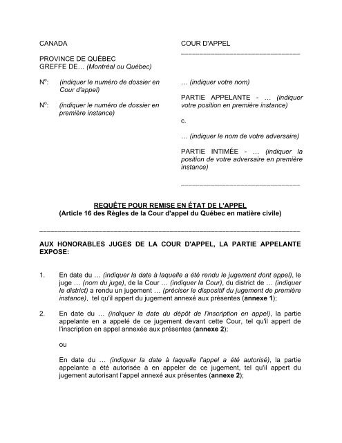 Requête pour remise en état de l'appel - Tribunaux judiciaires du ...