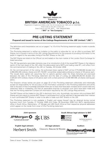 Pre-listing Statement - British American Tobacco