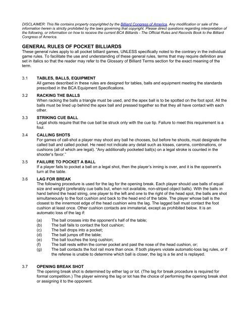 Rules and Specifications - Billiards Congress of America