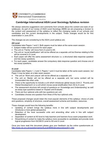 Cambridge International AS/A Level Sociology Syllabus revision
