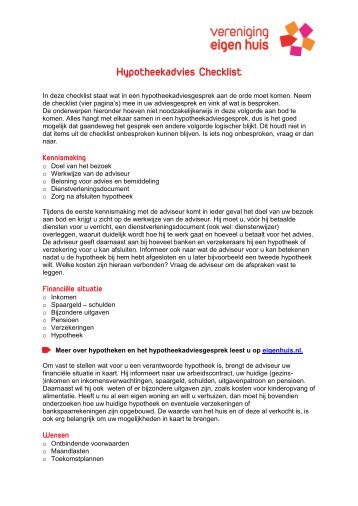 Hypotheekadvies Checklist - Vereniging Eigen Huis