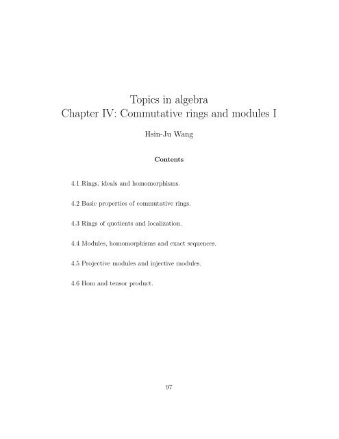 Topics in algebra Chapter IV: Commutative rings and modules I - 1