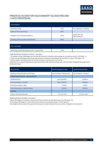 priser og vilkår for visa/dankort og mastercard i saxo privatbank