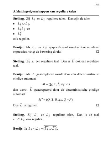 Afsluitingseigenschappen van reguliere talen Stelling. Zij L1 en L2 ...