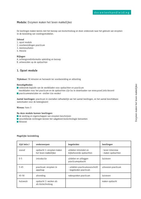 Module: Enzymen maken het leven makkelijker 1. opzet module ...