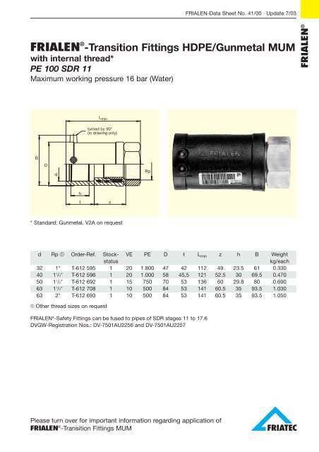 FRIALEN®-Transition Fittings HDPE/Gunmetal MUM