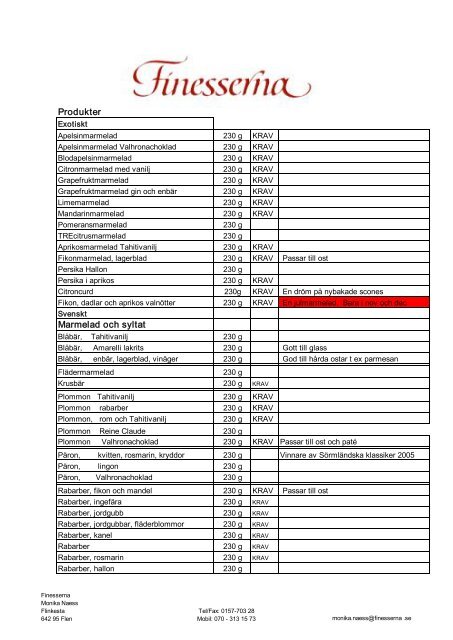 Produkter Marmelad och syltat - Finesserna