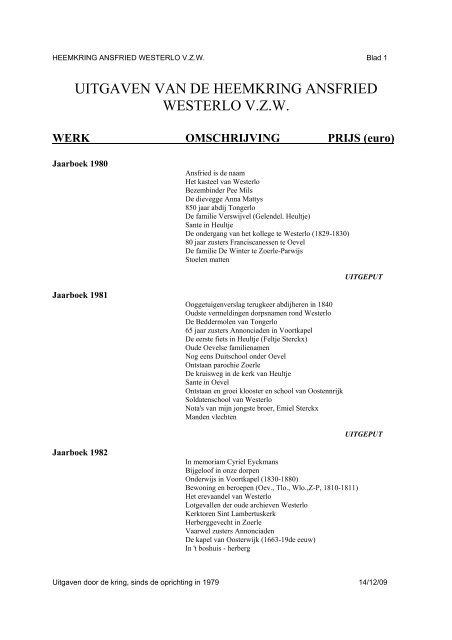 UITGAVEN VAN DE HEEMKRING ANSFRIED WESTERLO V.Z.W.