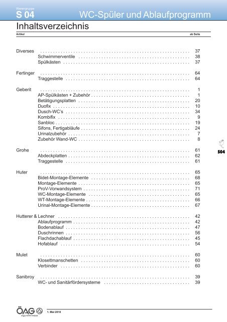 Wc-Spüler und Ablaufprogramm S 04 Inhaltsverzeichnis