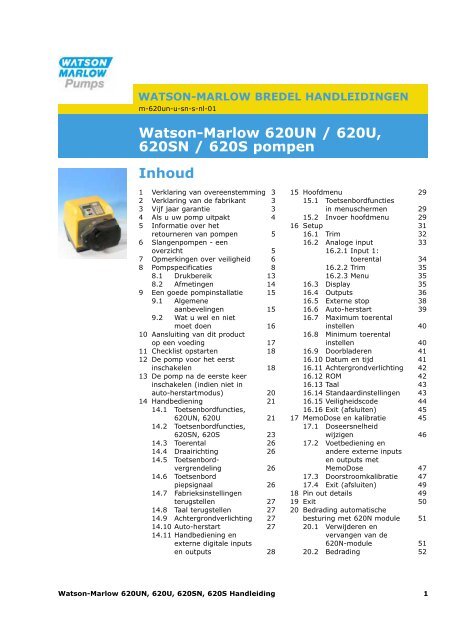Watson-Marlow 620UN / 620U, 620SN / 620S pompen Inhoud