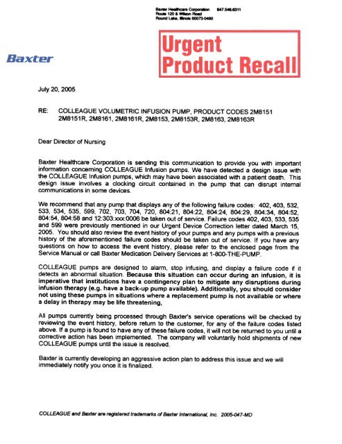 URGENT PRODUCT RECALL LETTER FOR  - Baxter