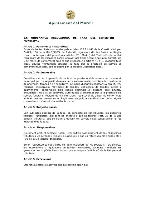 taxa pel cementiri municipal - Ajuntament del Morell