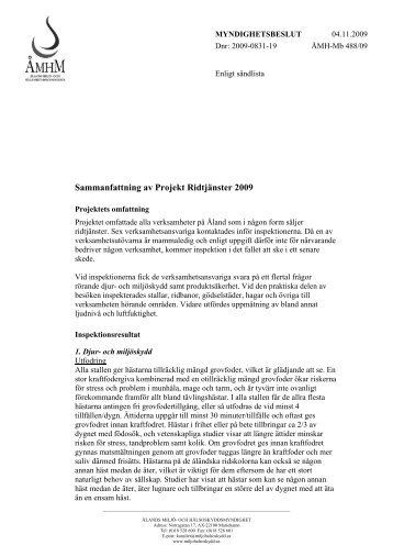 Sammanfattning av Projekt Ridtjänster 2009 - Ålands miljö