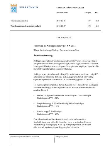 2010-10-21 § 107 Justering av Anläggningsavgift ... - Luleå kommun