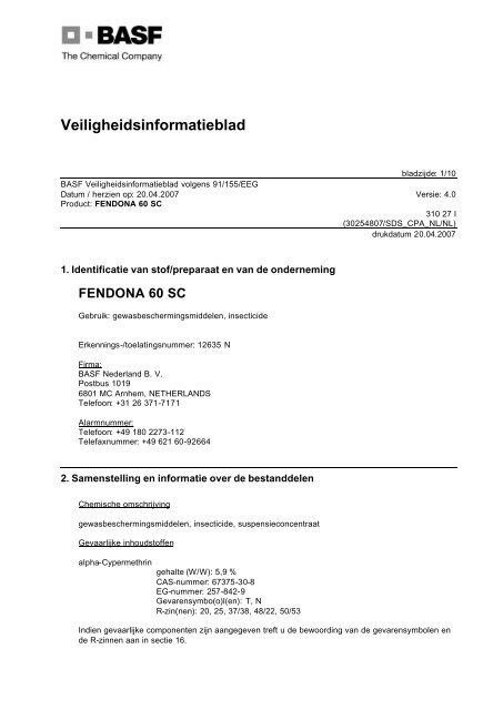 fendona 60 sc - ten Dijk Ongediertebestrijding BV