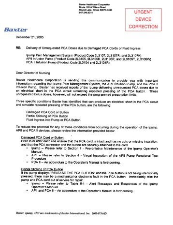 Delivery Of Unrequested PCA Doses Due To - Baxter