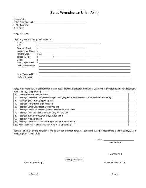 Surat Permohonan Ujian Akhir - STMIK Mikroskil