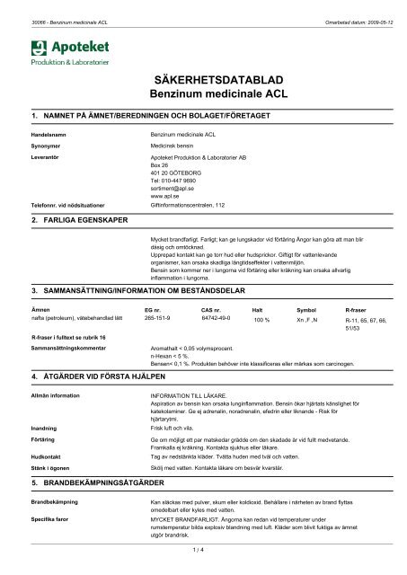 SÄKERHETSDATABLAD Benzinum medicinale ACL - Apoteket