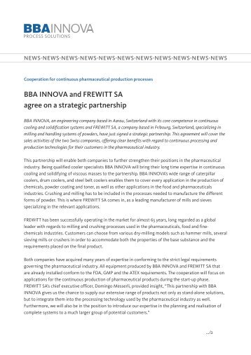 BBA INNOVA and FREWITT SA agree on a strategic partnership