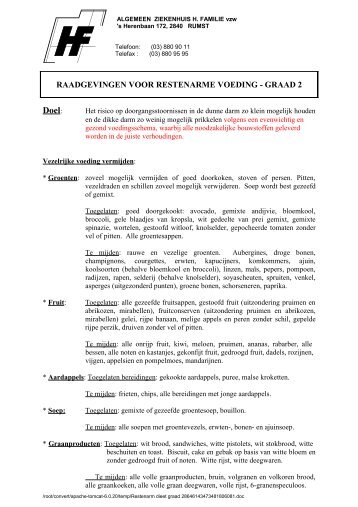 RESTENARME VOEDING - GRAAD 1 - DAGMENU