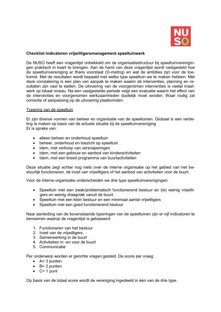 Checklist indicatoren vrijwilligersmanagement speeltuinwerk De ...