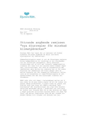 Yttrande angående remissen ”nya djurregler för minskad ... - Krav