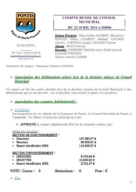 COMPTE RENDU DU CONSEIL MUNICIPAL - Mairie de Pontis