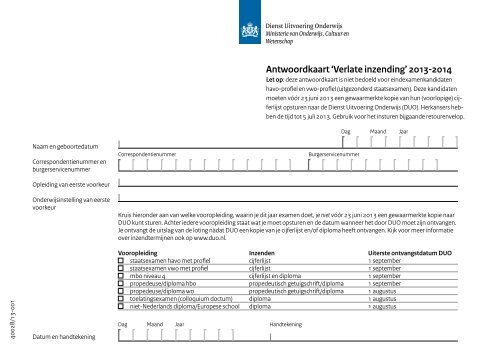 Antwoordkaart 'Verlate inzending' 2013-2014 - DUO